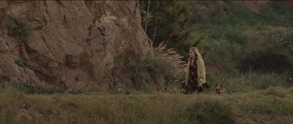 Greenberg (2010) movie still: wide — A woman walks along a dirt path beside a large, textured sandstone cliff face. She is accompanied by a German…