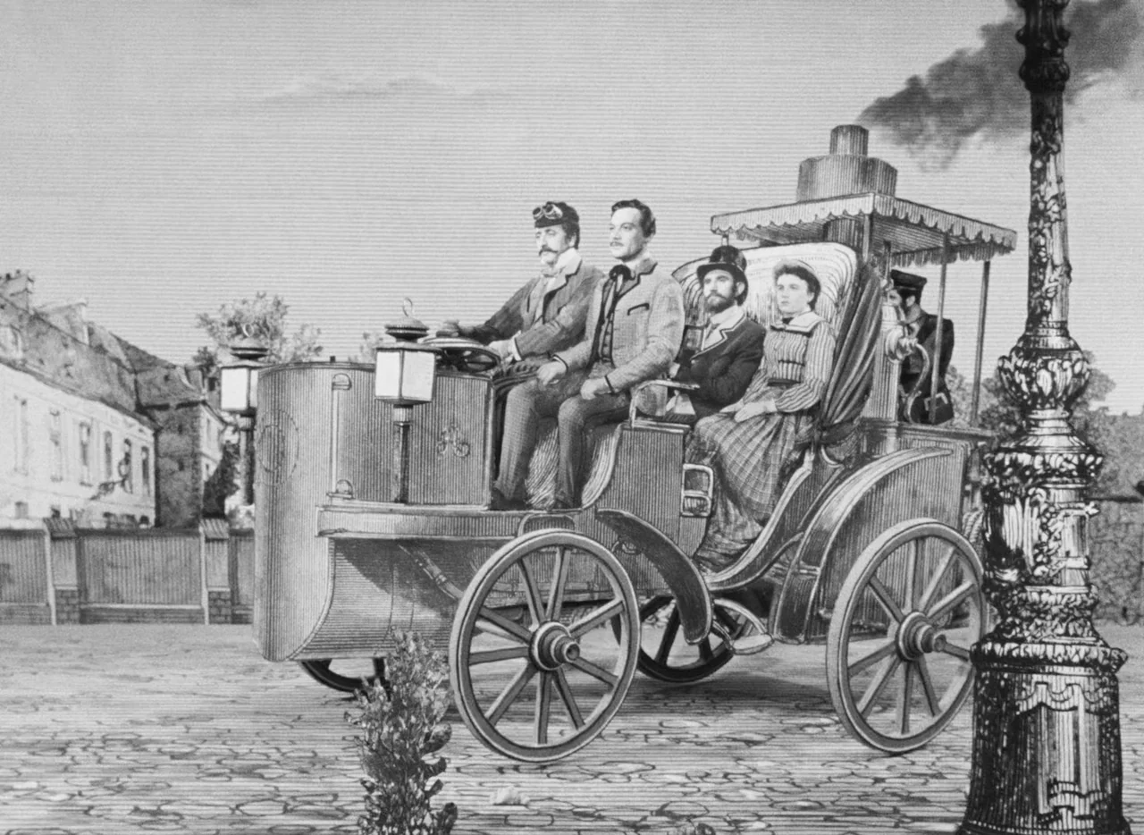 Invention For Destruction (1958) movie still: fullbody — A detailed monochromatic engraving depicts a 19th-century steam-powered carriage on a…
