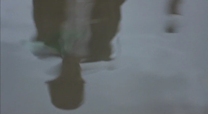 Ratcatcher (1999) movie still: closeup — A flat, liquid surface captures a blurry reflection of a human figure. The reflection is dark and…
