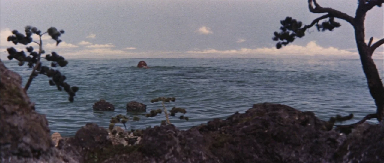 Ghidorah The Three Headed Monster (1964) movie still: wide — A rocky shoreline with sparse, gnarled trees frames the view of a calm sea. A single…