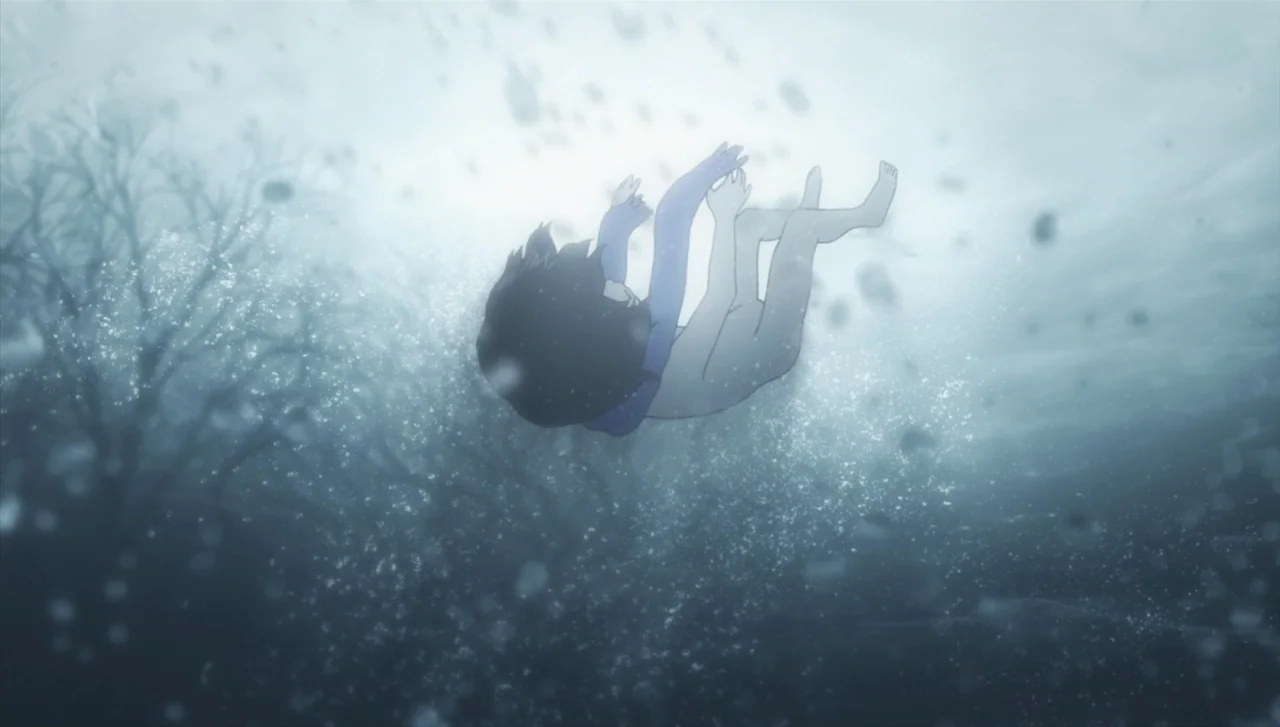 Wolf Children (2012) movie still: fullbody — An underwater scene features silhouetted tree branches in the dark, murky depths. A girl sinks downward…