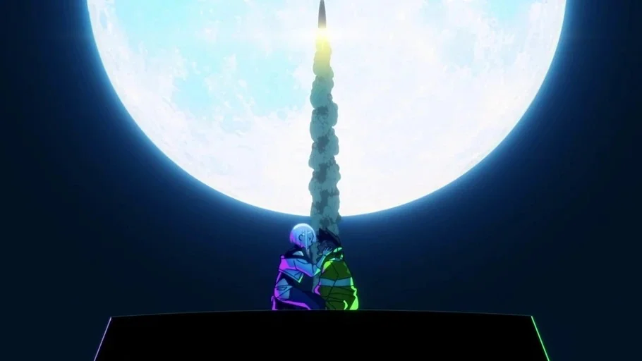 Cyberpunk: Edgerunners (2022) movie still: wide — A dark rooftop is silhouetted against a massive, glowing full moon in the night sky. Two figures…