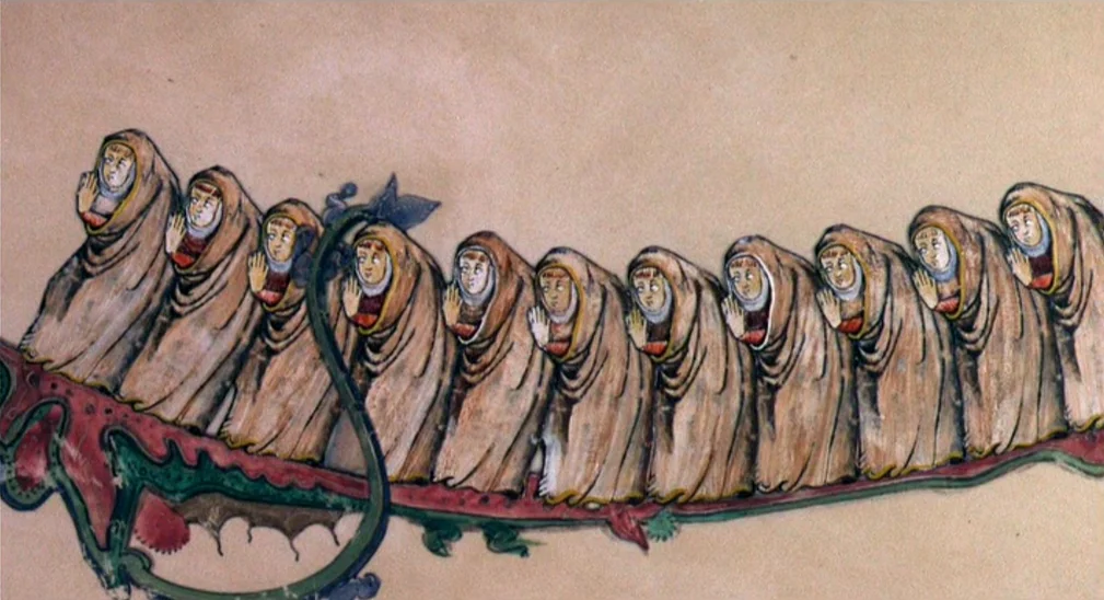 Monty Python and the Holy Grail (1975) movie still: wide — A medieval manuscript illustration depicts a long file of robed figures on parchment. The…