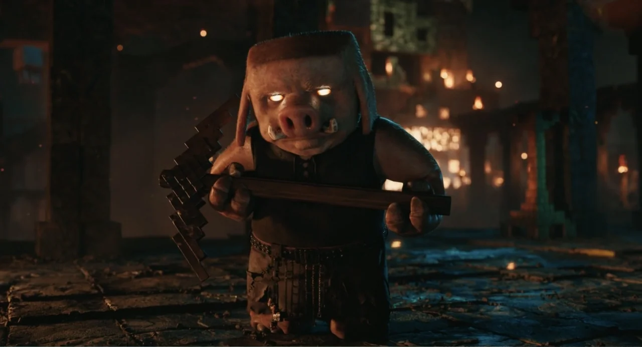 A Minecraft Movie (2025) movie still: medium — A dark stone room with firelight flickering in the distance on uneven stone floors. A pig-like…
