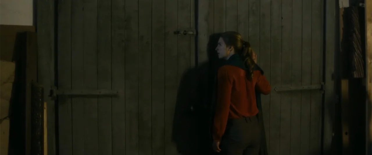 Heartburn (1986) movie still: medium — A dimly lit storage space featuring heavy vertical wooden double doors and shadows. A woman with a ponytail…
