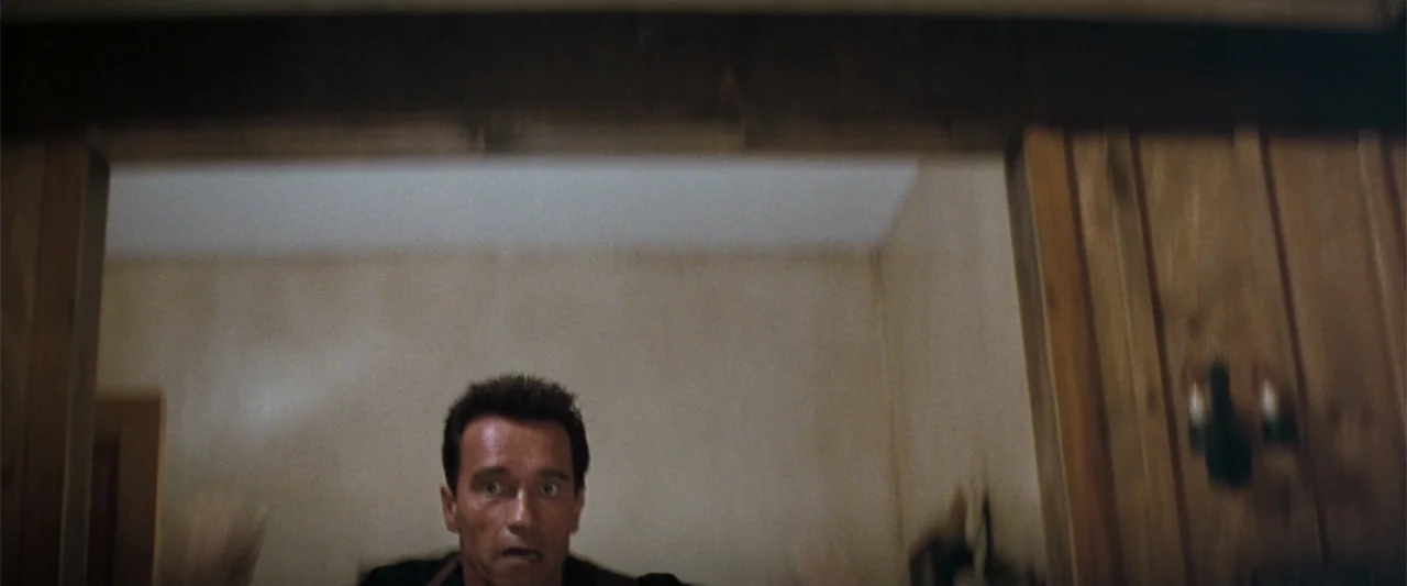 The Eraser (1977) movie still: medium — An interior living room features dark wood paneling and a wide doorway. A muscular man with short dark hair…