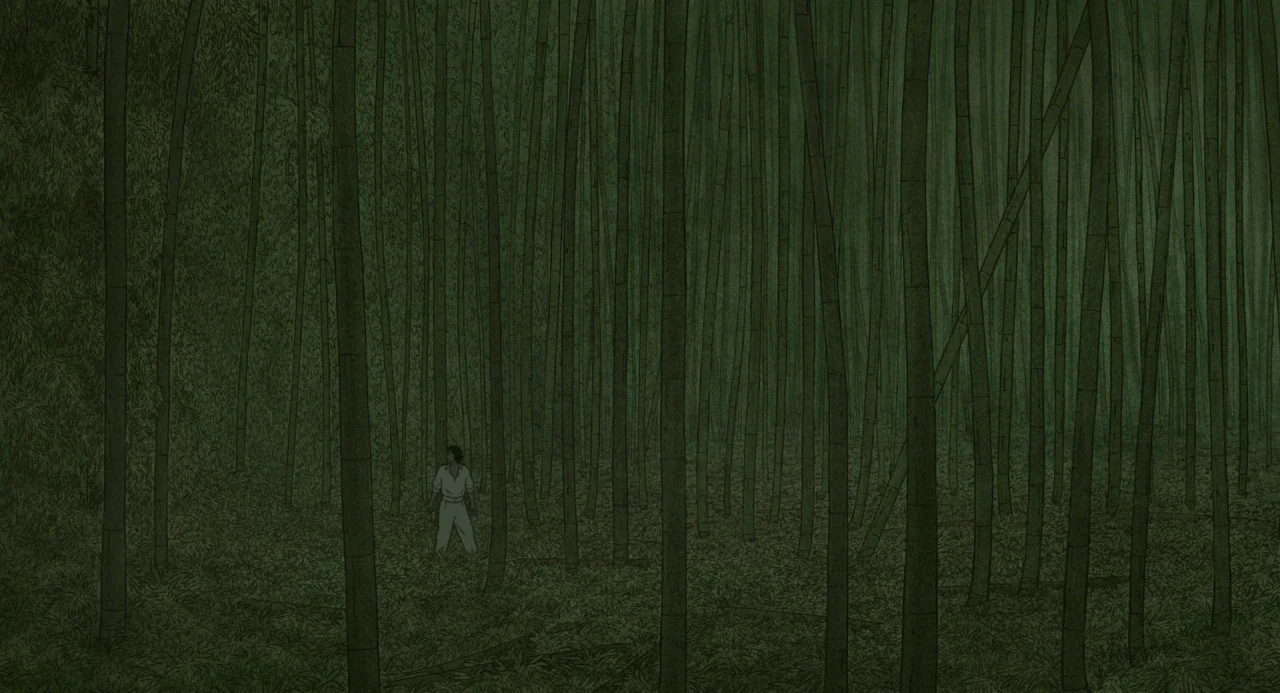 The Red Turtle (2016) movie still: wide — A dense bamboo grove features vertical stalks rising from a textured, grassy ground. A lone person in…