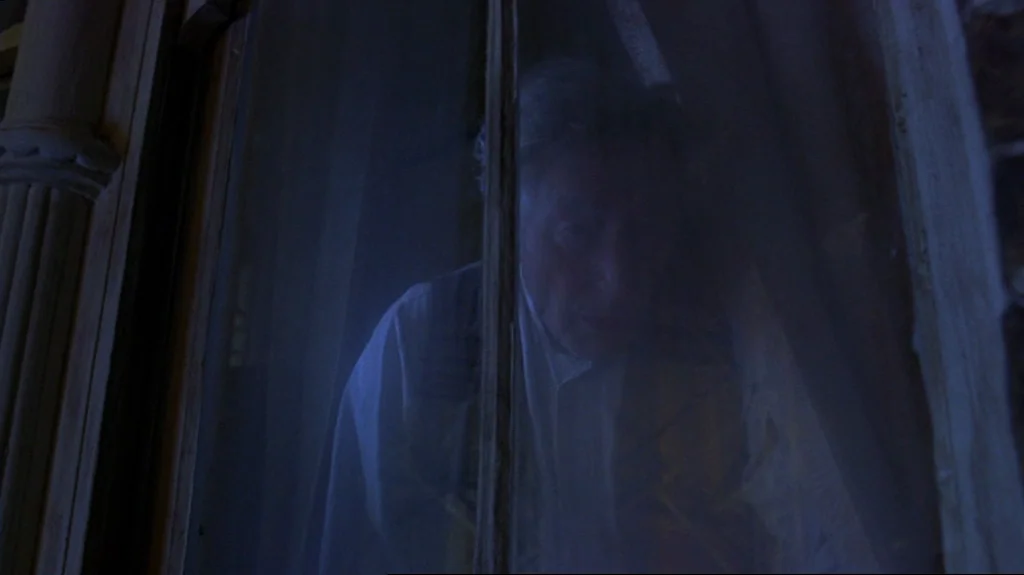 Spider (2002) movie still: medium — A man stands behind a thin, translucent curtain viewing through a window frame. The scene is illuminated by dark…