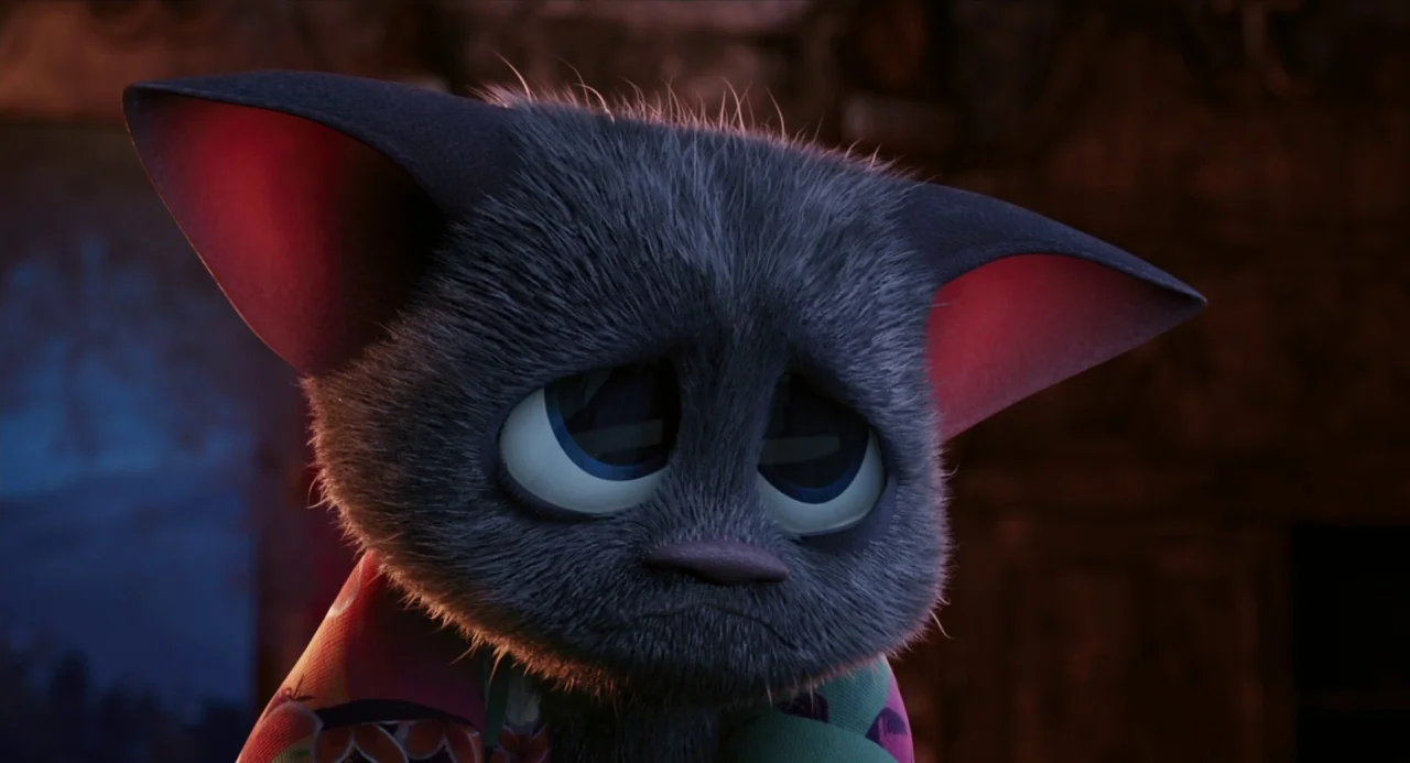 Hotel Transylvania movie still: closeup — A dark, dimly lit interior space serves as the setting for the close-up shot. The small, furry,…