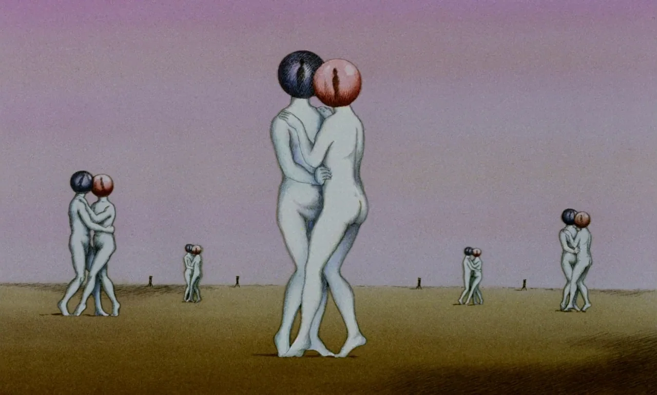 Fantastic Planet (1973) movie still: wide — A vast, empty plain stretches beneath a gradient sky of pink and grey hues. Several pairs of nude,…