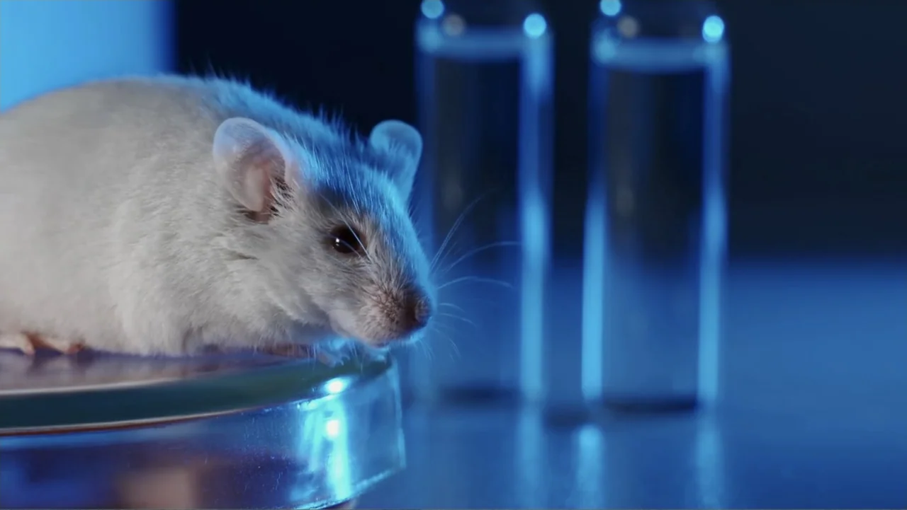 Almost Human: Rise of the Apes (2022) movie still: closeup — A laboratory setting features a white mouse on a clear glass platform. Two blurred…