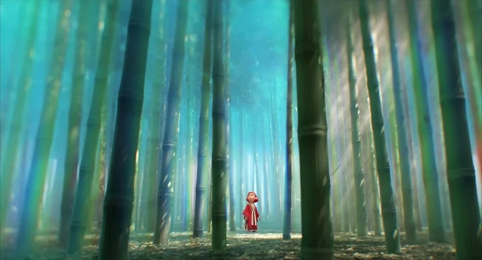 The Pixar Story (2007) movie still: wide — A dense grove of tall green bamboo stalks fills the frame from floor to canopy. A solitary small…