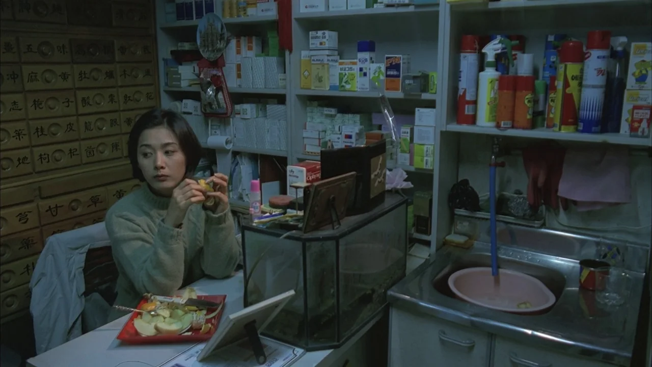 The Day a Pig Fell Into the Well (1996) movie still: medium — A woman sits at a counter inside a pharmacy filled with medicine bottles. She is…