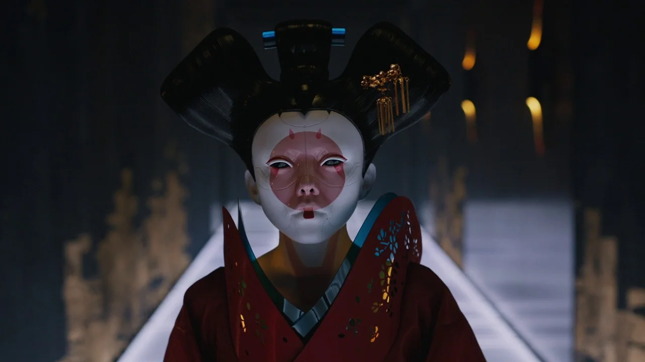 Ghost in the Shell (2017) movie still: closeup — A dark, modern hallway with clean architectural lines and illuminated floor panels. A geisha-like…