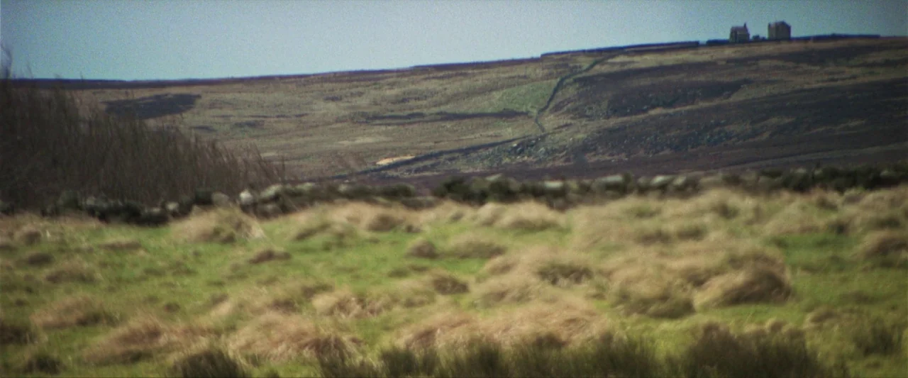 Starve Acre (2023) movie still: establishing — A vast, rolling moorland expanse features patches of dry, yellow-brown grass and dark peat. A distant…