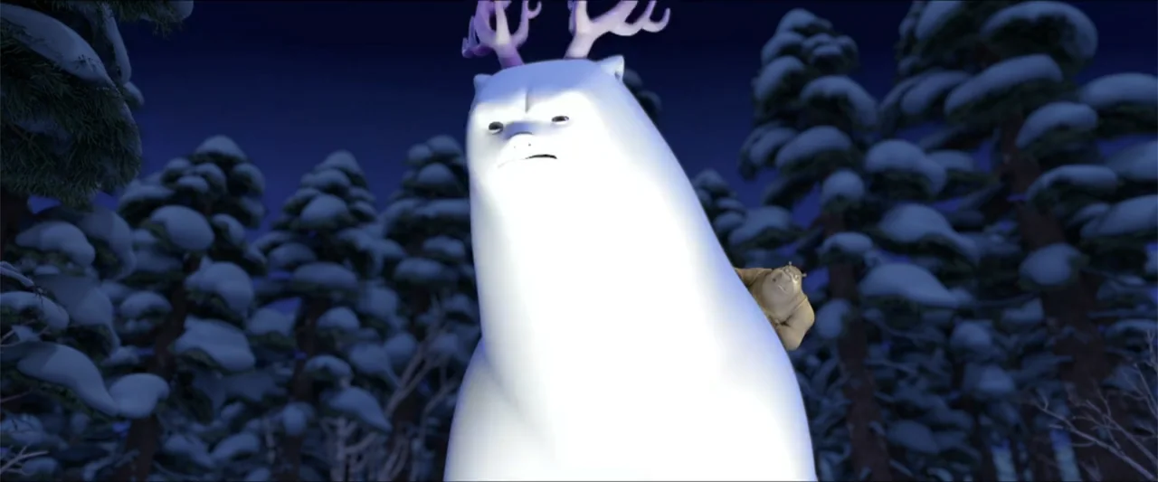 Boonie Bears: A Mystical Winter (2015) movie still: medium — A snowy forest at night with dark pine trees under a dark sky. A massive white creature…