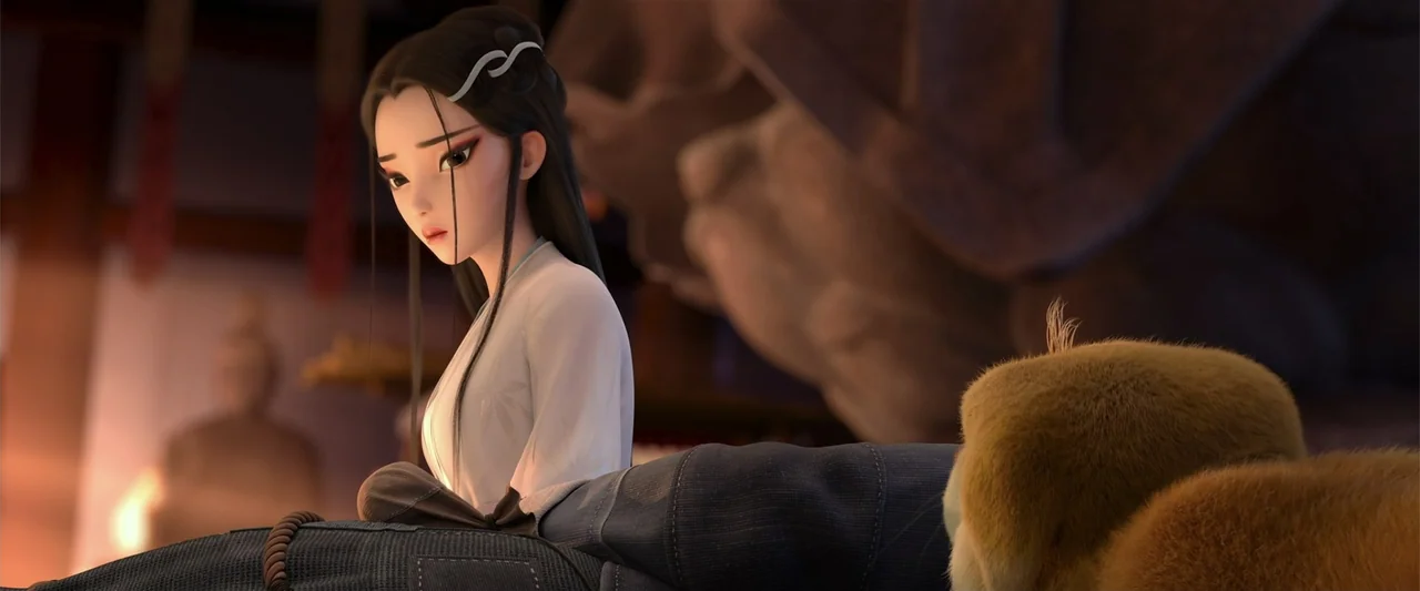 White Snake (2019) movie still: medium — A dimly lit indoor space features architectural stone structures in the blurred background. A young woman…