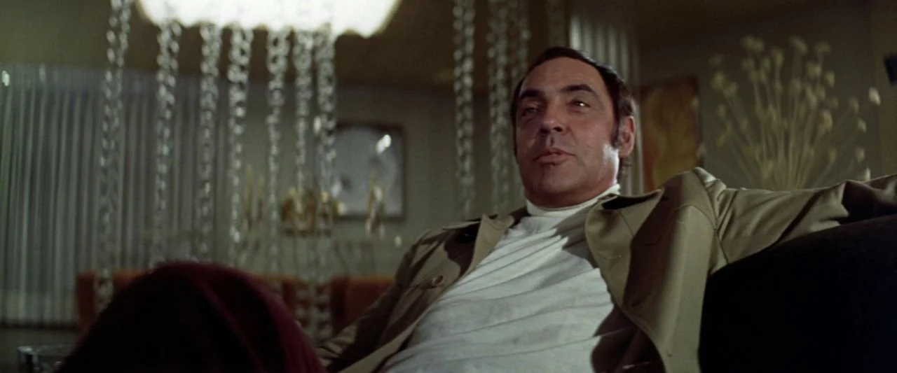 Soylent Green (1973) movie still: medium — A 1970s style living room features beaded room dividers and soft ambient lighting. A man in a turtleneck…