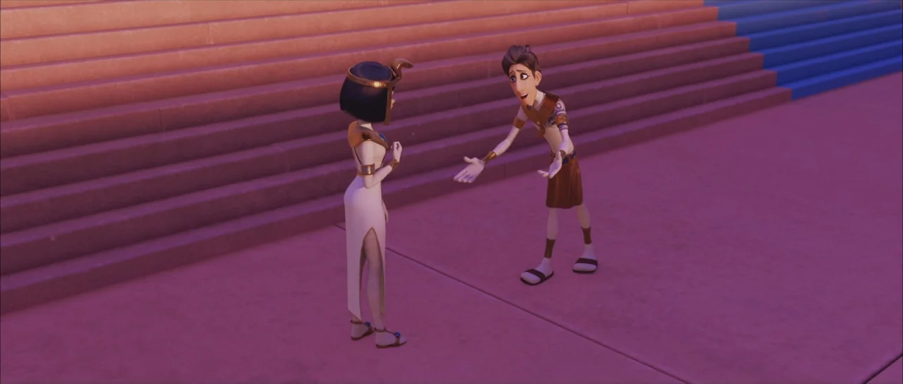 Mummies (2023) movie still: fullbody — Wide stone stairs painted in rows of deep pink and blue dominate the ground. A stylized animated woman in a…