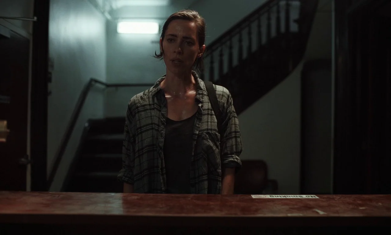 Resurrection (2022) movie still: medium — A dimly lit hotel lobby features a dark wood front desk and a staircase. The woman stands at the counter…
