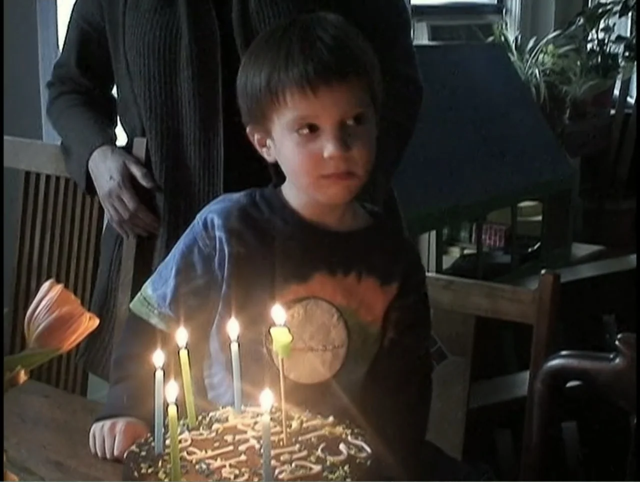 First Cousin Once Removed (2012) movie still: medium — A wooden dining table is occupied by a birthday cake with many lit candles. A young boy in a…