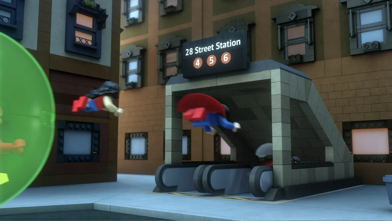 LEGO DC: Shazam! Magic and Monsters (2020) movie still: wide — A lego-style city street features a subway entrance labeled 28 Street Station. Two…