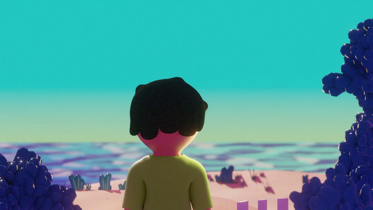 Boys Go To Jupiter (2024) movie still: medium — A stylized sandy beach with purple, rounded foliage borders the shore near the ocean. A lone…