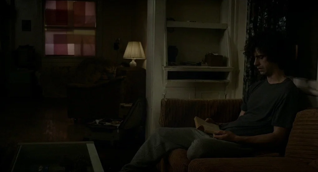 The Future (2011) movie still: medium — A darkened living room contains a couch and built-in shelving units against the wall. A man sits alone on…