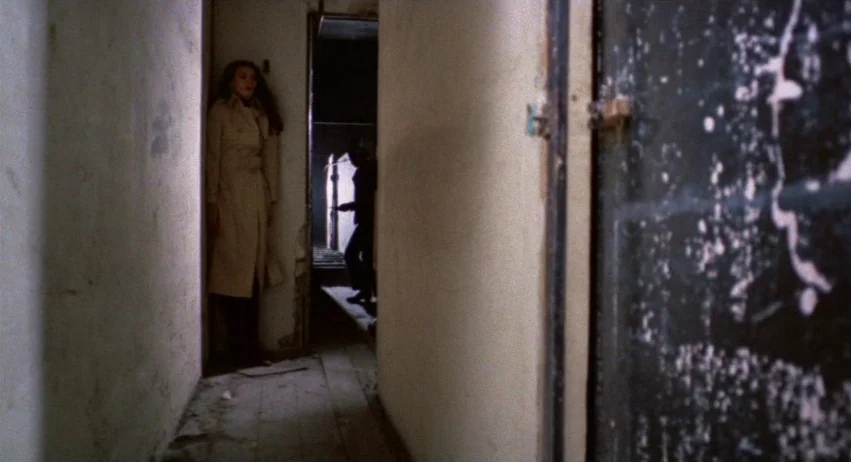 A Lizard In A Woman’s Skin (1971) movie still: fullbody — A narrow, dimly lit hallway features peeling plaster walls and a dark, weathered door. A…