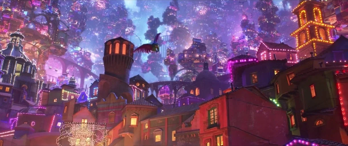 The Pixar Story (2007) movie still: establishing — A dense, multi-layered city of clustered buildings lit by vibrant pink and gold lights. A single…