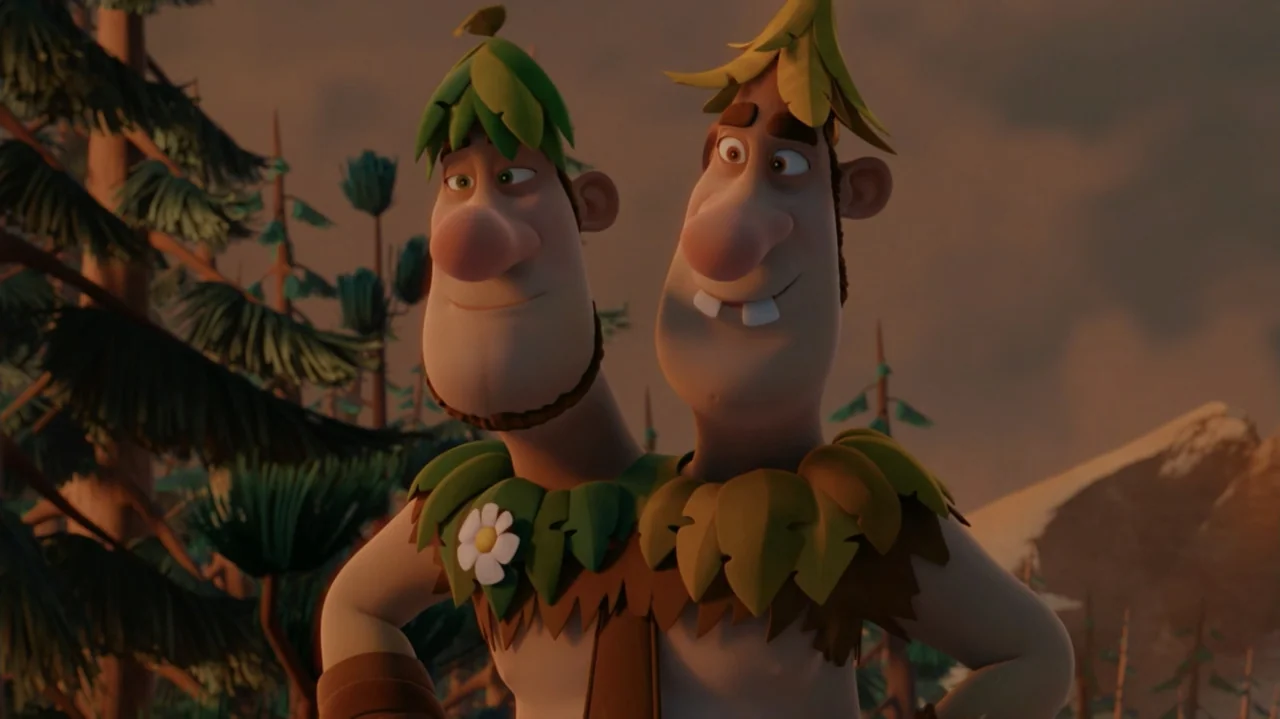 Troll: The Tale of a Tail (2018) movie still: medium — A two-headed animated figure stands amidst a dense forest of evergreen pine trees. The figure…