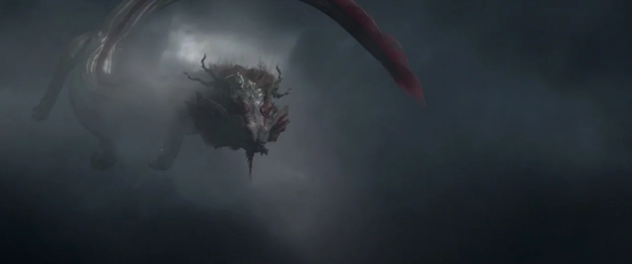 Shang-Chi and the Legend of the Ten Rings (2021) movie still: wide — A mythical, serpentine dragon-like creature glides through a thick, overcast…