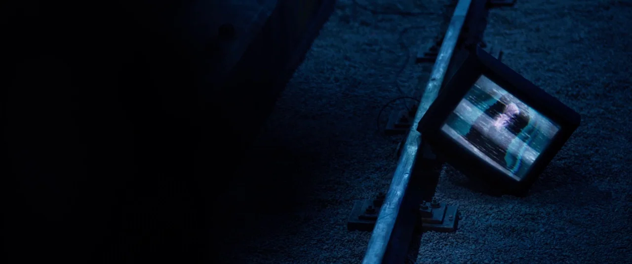 Spiral (2021) movie still: wide — A television monitor sits on loose gravel beside a metal railway track at night. The screen displays a…