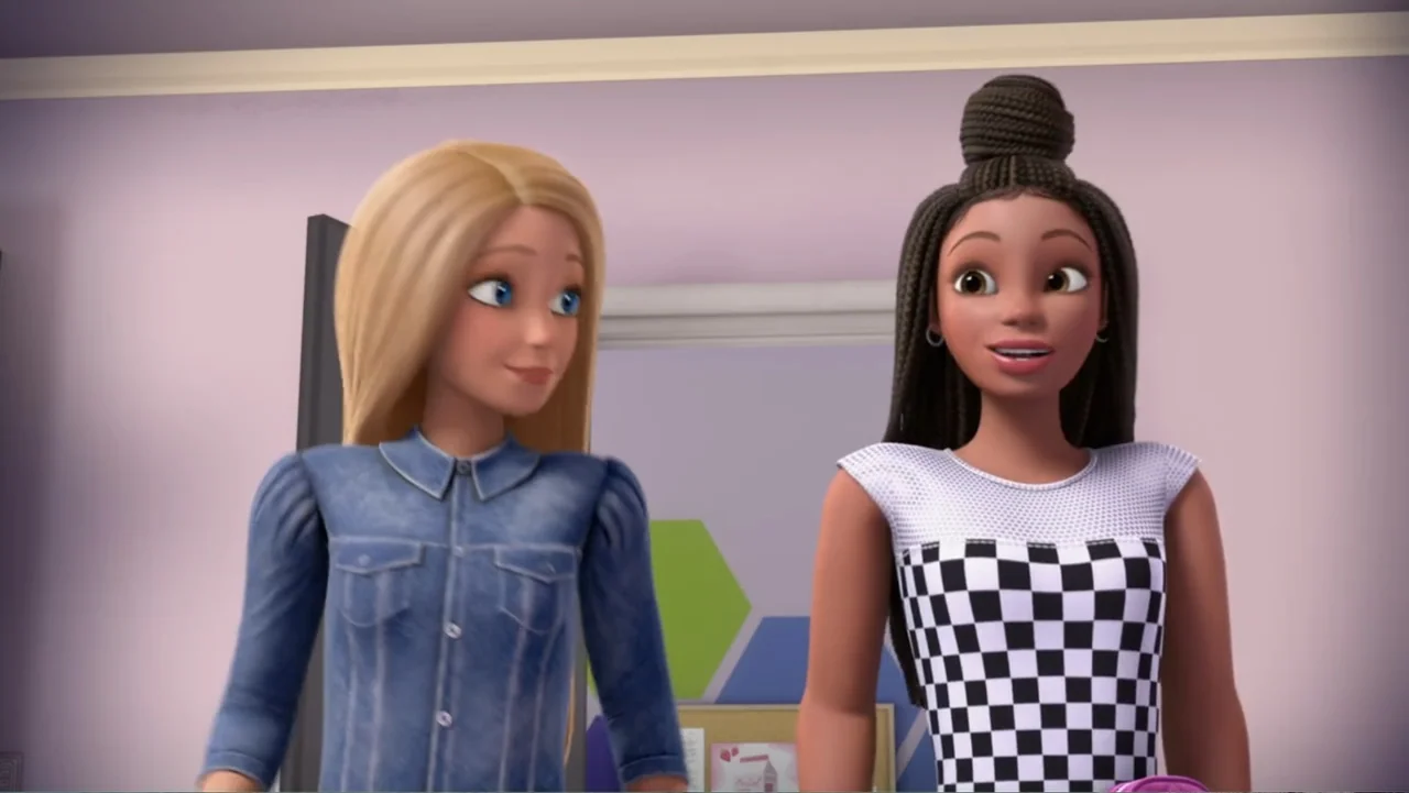 Barbie: Big City, Big Dreams (2021) movie still: medium — A light purple room contains a desk area with a whiteboard in the background. Two young…