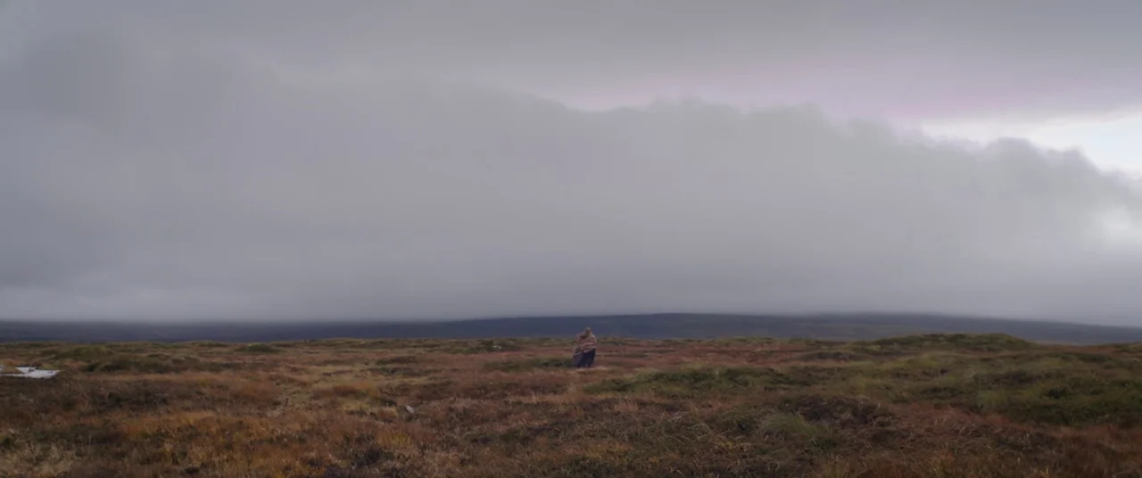 Lady Macbeth (2016) movie still: wide — A desolate, expansive landscape of low hills covered in dead grasses and brush. A lone person stands at a…