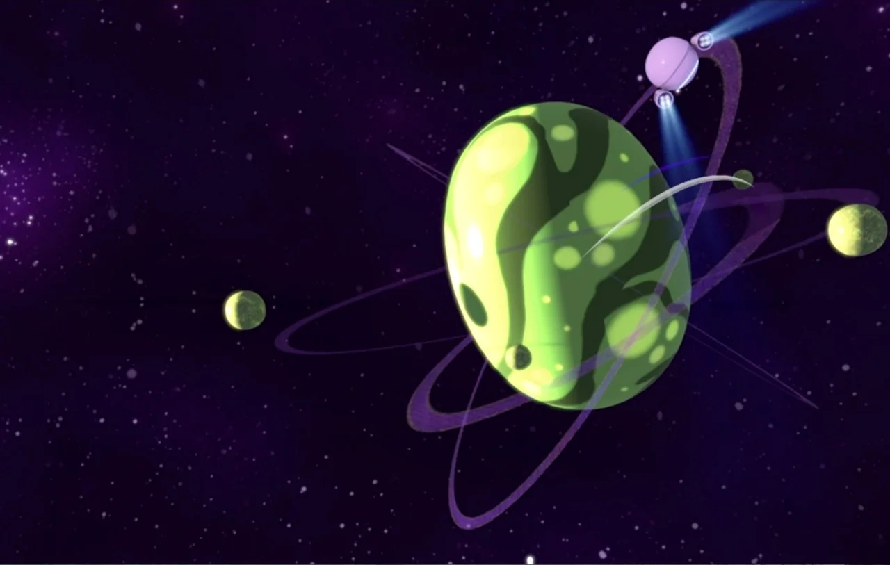 Mini Beat Power Rockers: The Movie (2022) movie still: establishing — A stylized lime green planet with dark markings sits in a purple starry…