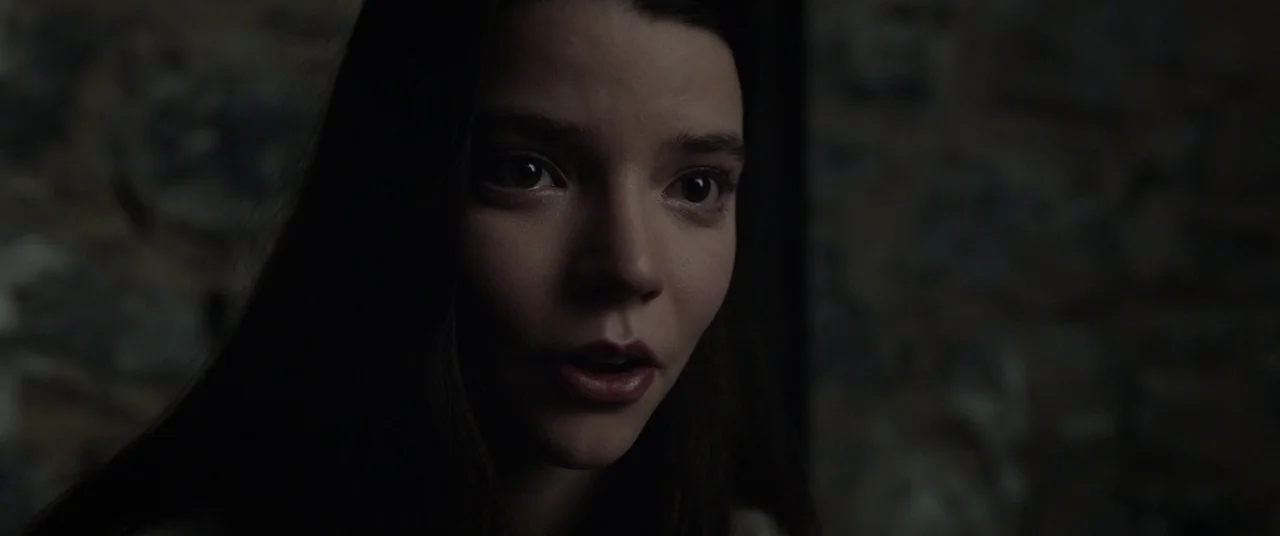 Split (2016) movie still: closeup — A dimly lit space features a rough-textured stone wall as the primary background. A young woman with long dark…