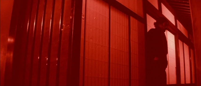The Horrors of Malformed Men (1969) movie still: medium — A dark hallway lined with traditional sliding shoji screen walls. A solitary man stands in…