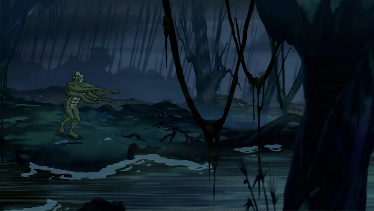 Scooby-Doo! Return to Zombie Island (2019) movie still: wide — A dark swamp at night features twisted trees and murky water under a moonlit sky. A…
