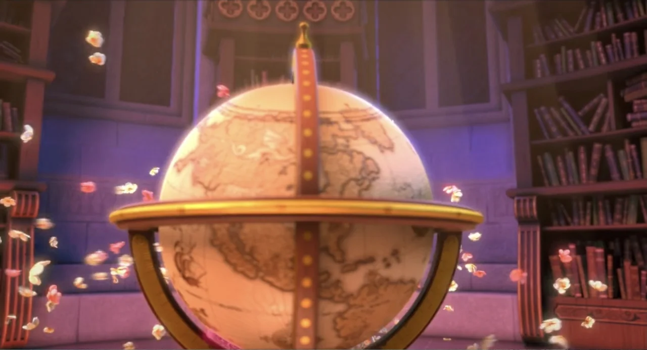 The Princess and the Dragon (2018) movie still: closeup — A large antique-style globe sits illuminated in a dimly lit, high-ceilinged stone room.…