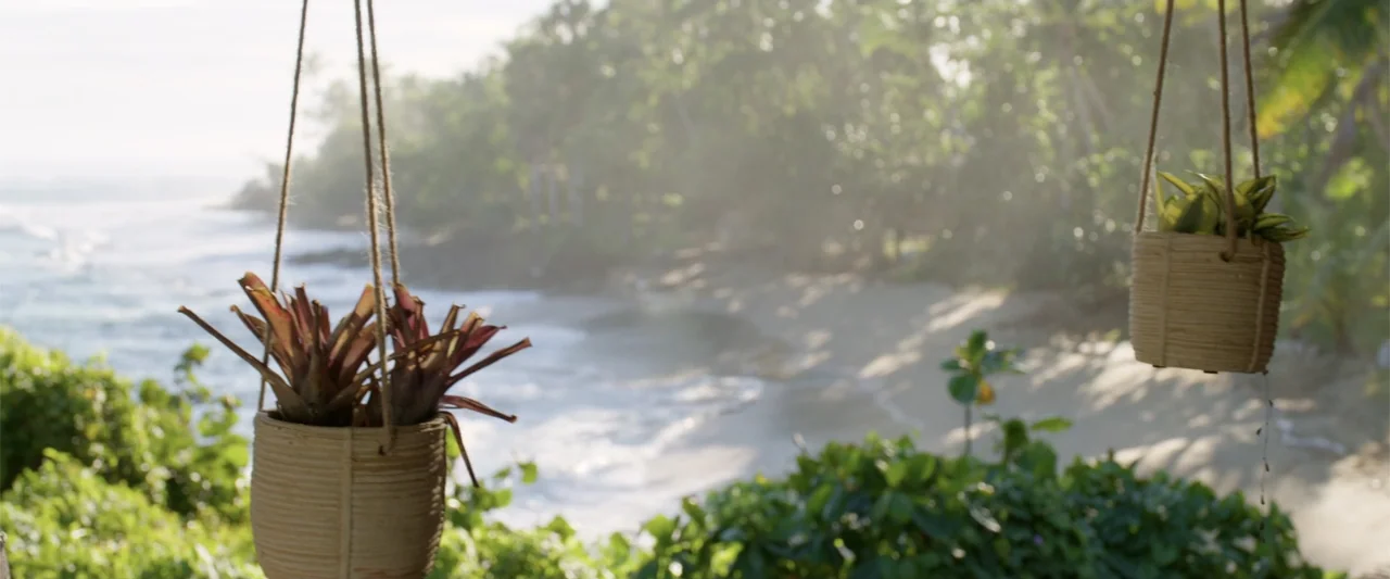 Beautiful Wedding (2024) movie still: establishing — A coastal view features two hanging woven planters containing tropical plants in the…