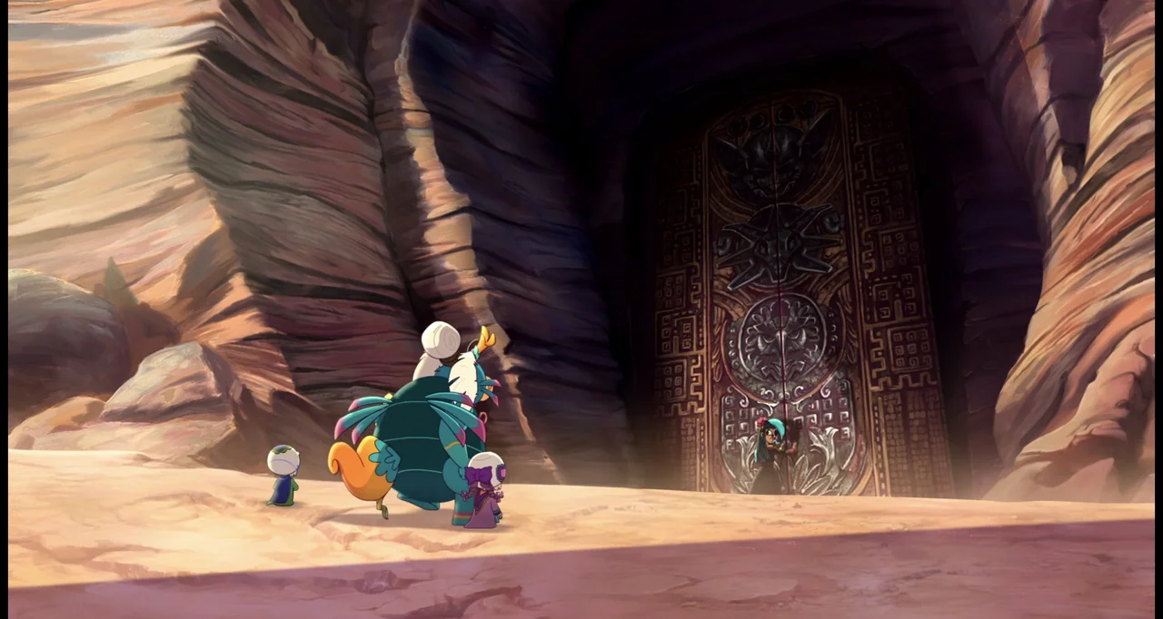 Las leyendas: El origen (2021) movie still: wide — A wide canyon entrance reveals a massive carved stone door set into rock. Three small figures…