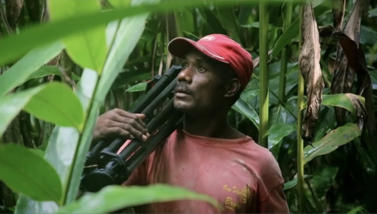 Islands of Creation (2015) movie still: medium — A dense thicket of large green leaves and plants fills the frame. A man stands holding a camera…