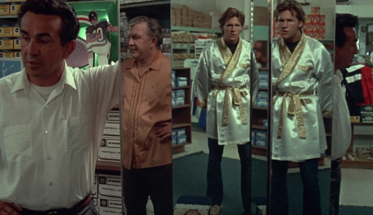 Fat City (1972) movie still: medium — A sporting goods store with shelves of boxed products and vertical mirrors. A man in a dress shirt observes a…
