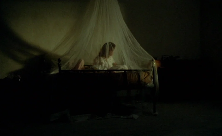 Chocolat (1988) movie still: wide — A dark, sparsely furnished room contains an iron bed draped in sheer mosquito netting. A woman sits upright in…