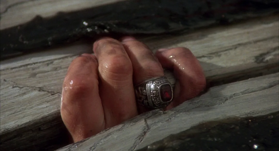 Creepshow 2 (1987) movie still: closeup — A wet hand grips the edge of weathered, grey wooden planks at night. Dark water drips from the skin and a…