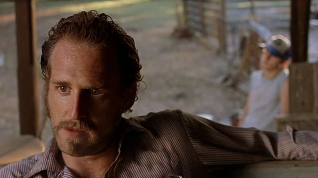 Undertow (2004) movie still: medium — A man sits on a wooden deck in front of an outdoor pasture area. A second figure stands in the blurry…