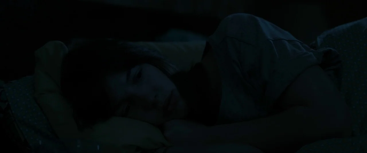 The Hole in the Ground (2019) movie still: closeup — A dimly lit room with bedding visible under a person's head. A young woman lies in bed in the…