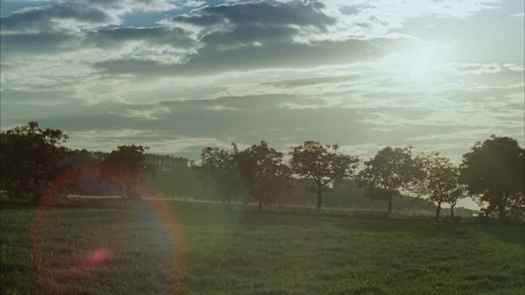 Everything Is Illuminated (2005) movie still: establishing — A green open field under a sky filled with scattered white and grey clouds. A line of…