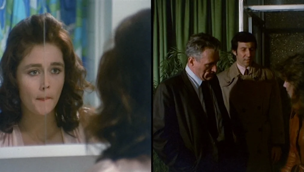 Sisters (1973) movie still: medium — A split screen showing a woman reflecting in a mirror beside two men standing. The interior setting features…